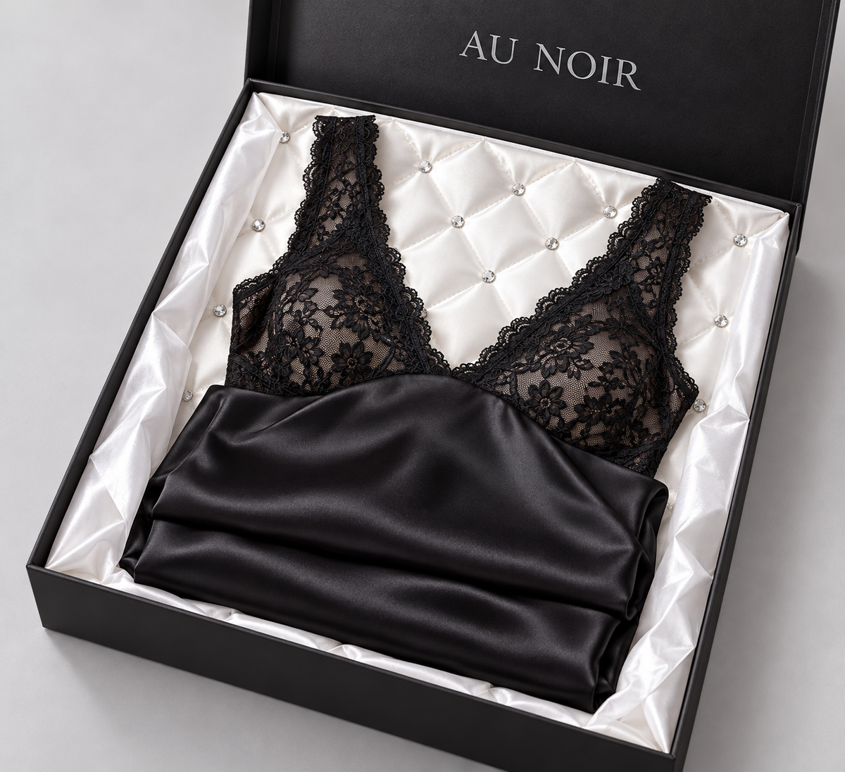 Sexy black satin and lace chemise comes gift boxed