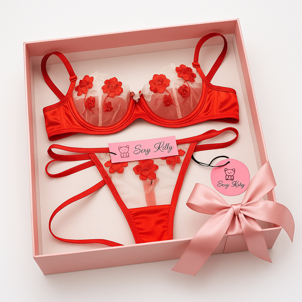 Red Embroidered Bra & Thong Set – 32C / Size 8–10