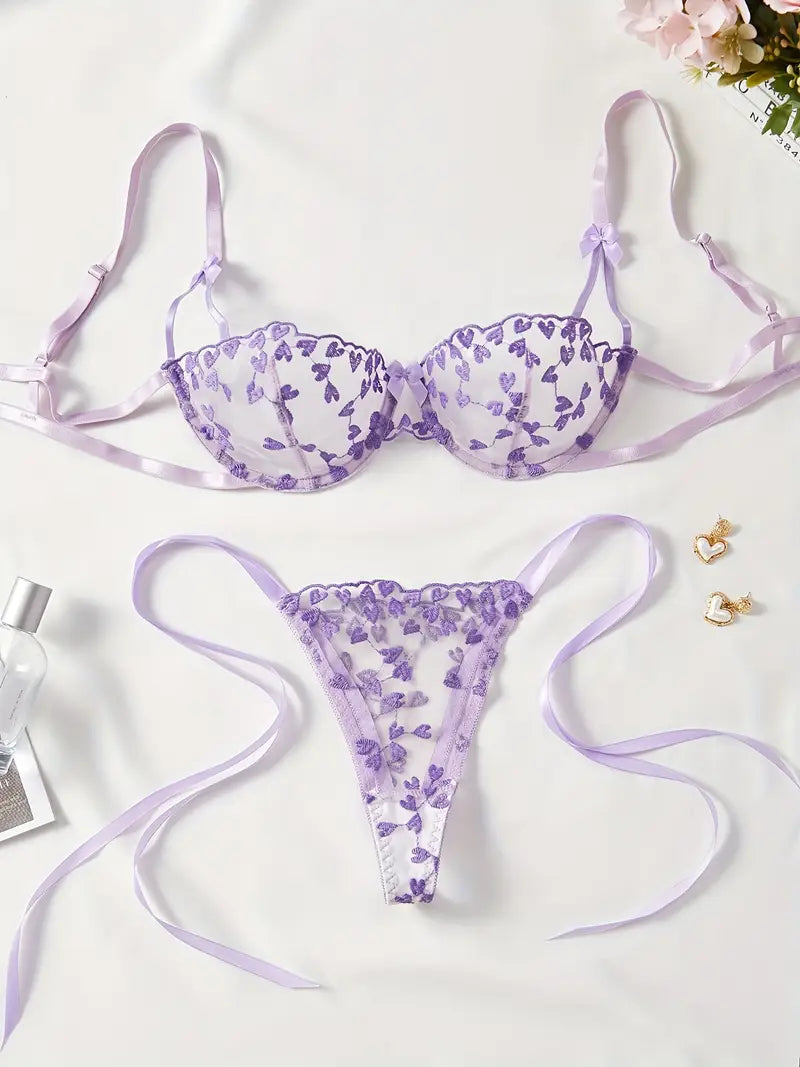 Lilac Floral Lace Bra & Tie-Side Thong Set – 34C / Size 10–12