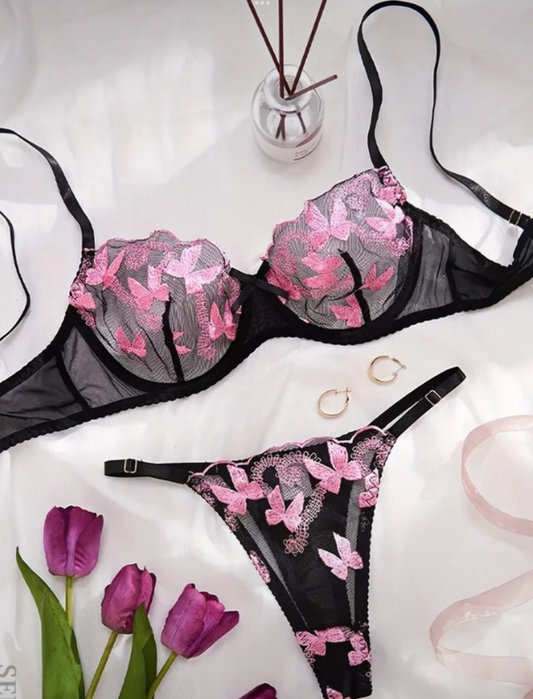 Black Mesh Lingerie Set with Pink Butterfly Embellishments