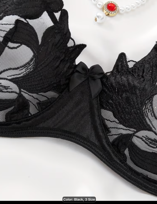 Black Floral Embroidered Bra & Thong Set – 32C / UK 8