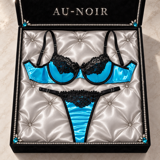 Blue Satin & Black Lace Bra & Thong Set – 32C / UK 8