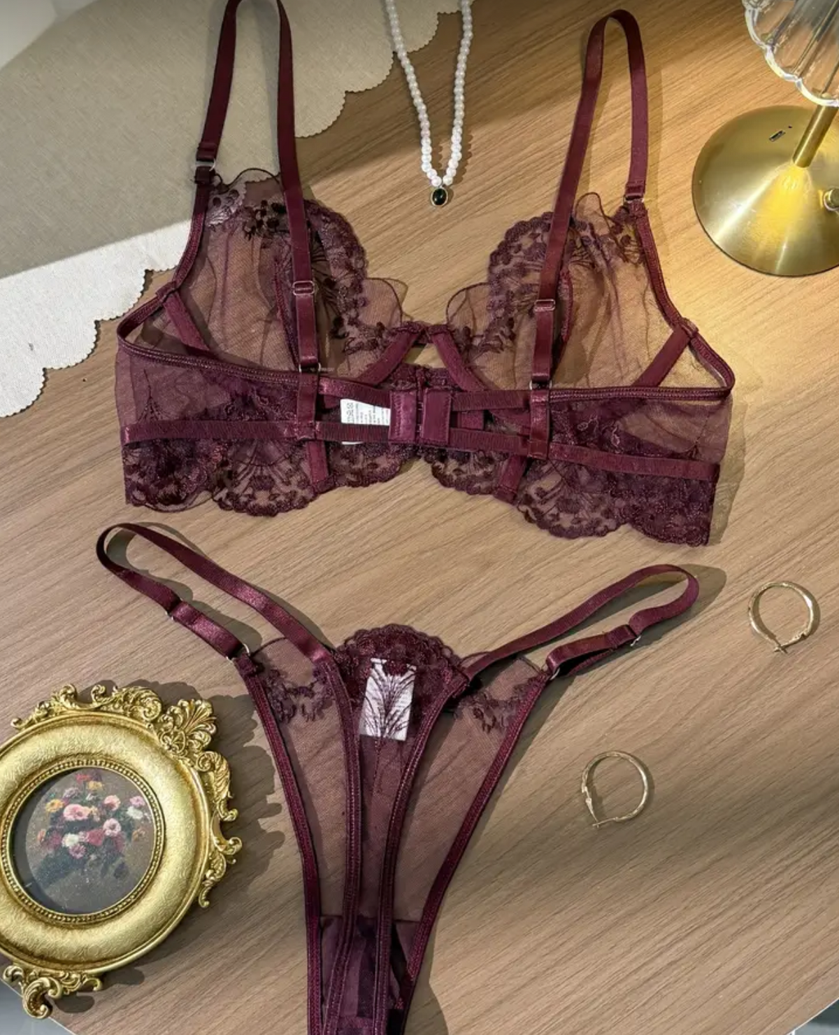 Wine-Coloured Longline Bra & Thong Set