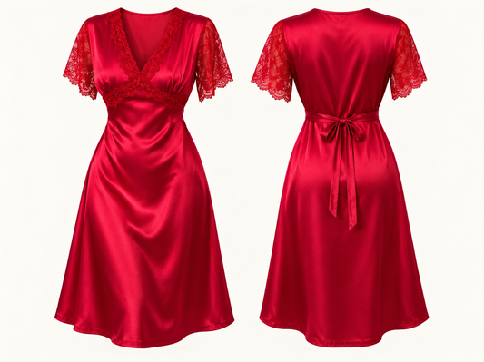 Red satin dress with tie midi length