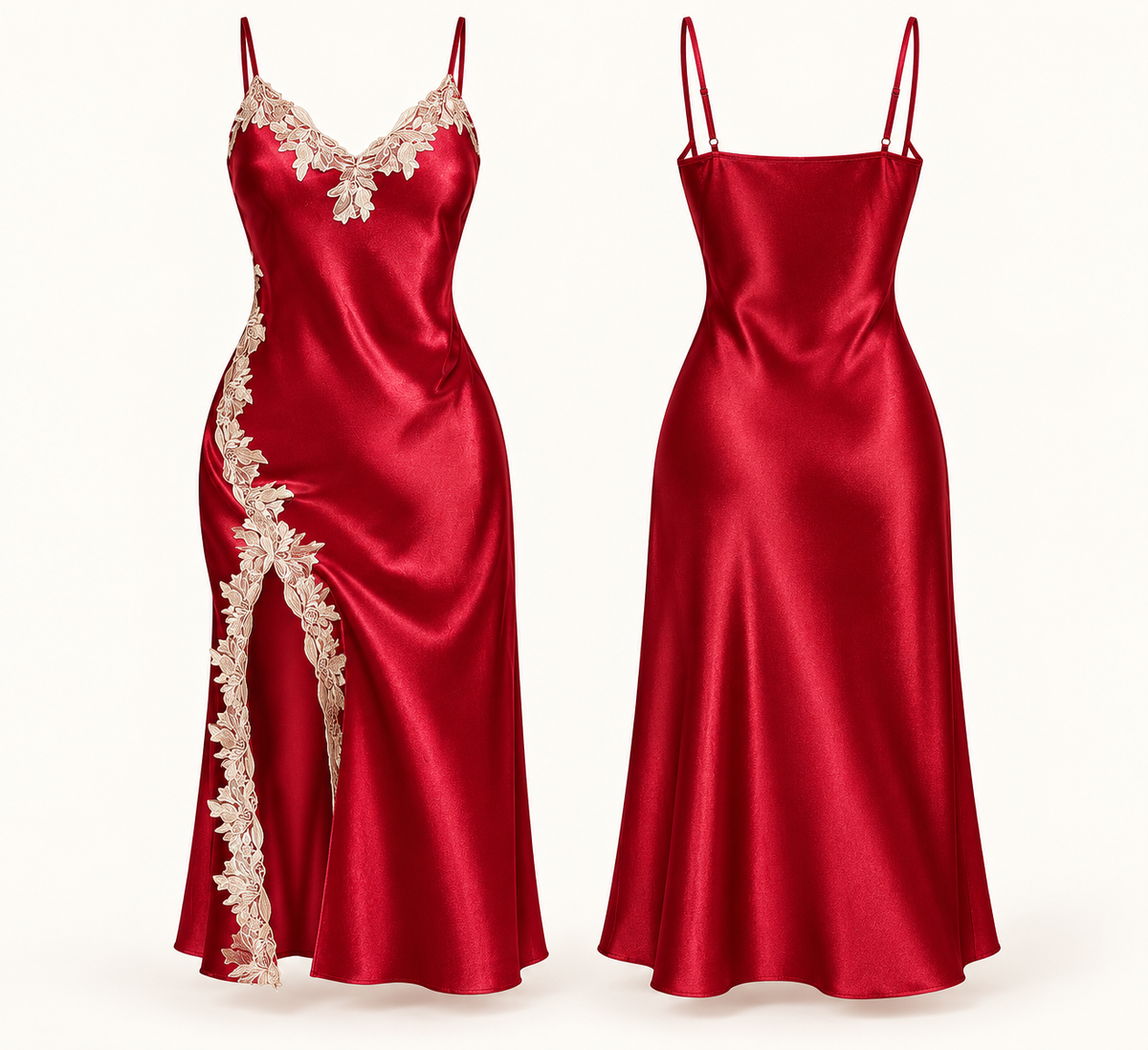 Red sexy satin chemise with silver lace trim maxi length
