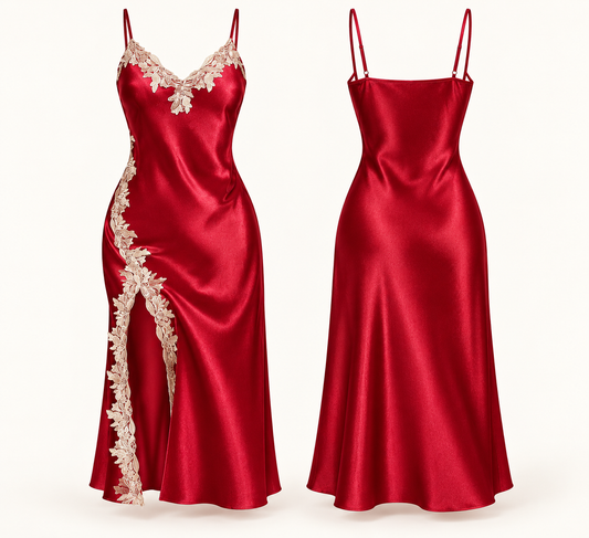 Red sexy satin chemise with silver lace trim maxi length