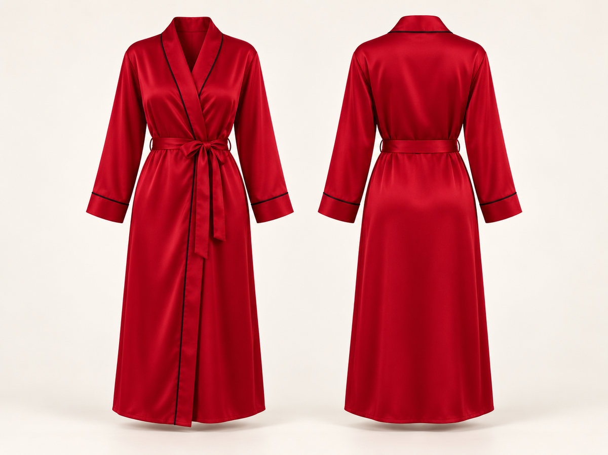 Red satin dressing gown with black piping and tie waist maxi