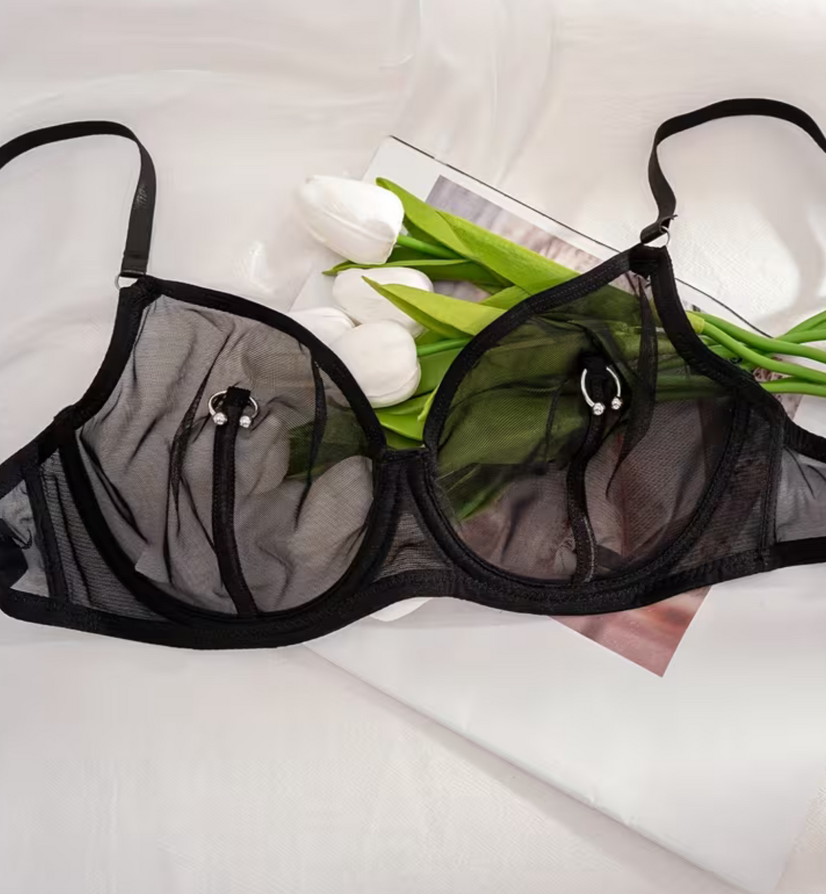 Black Sheer Lingerie Set with Faux Ring Details