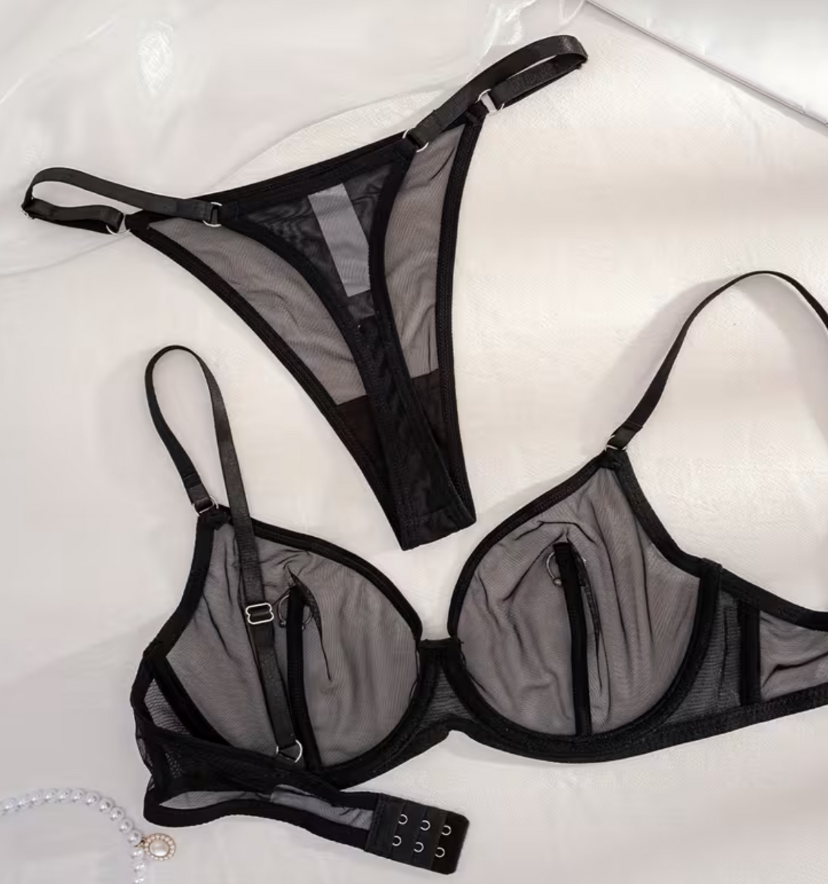 Black Sheer Lingerie Set with Faux Ring Details