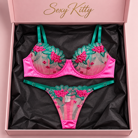 Hot Pink & Green Floral Embroidered Bra & Thong Set