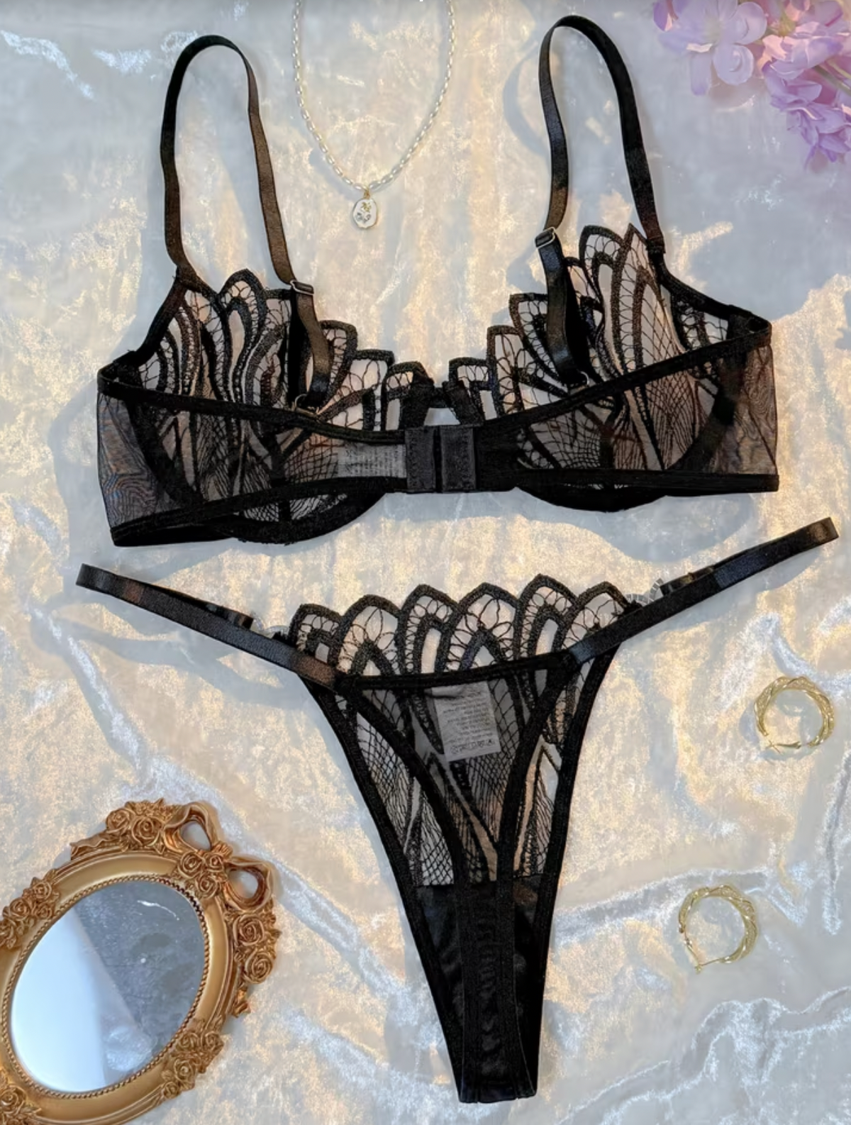 Black Sheer Leaf-Embroidered Lingerie Set
