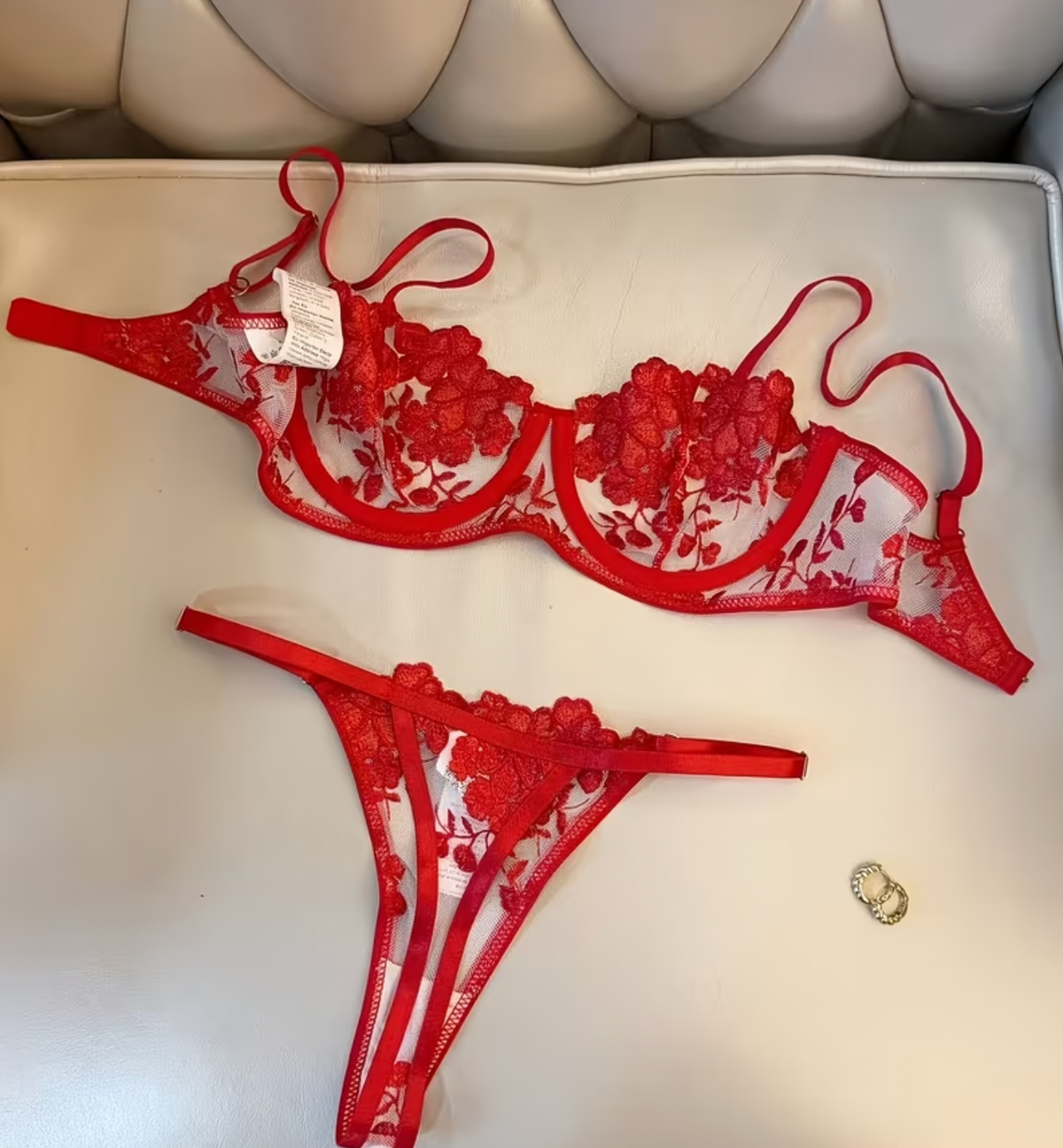 Red Magnolia Bra & Thong Set – 32C / Size 8–10