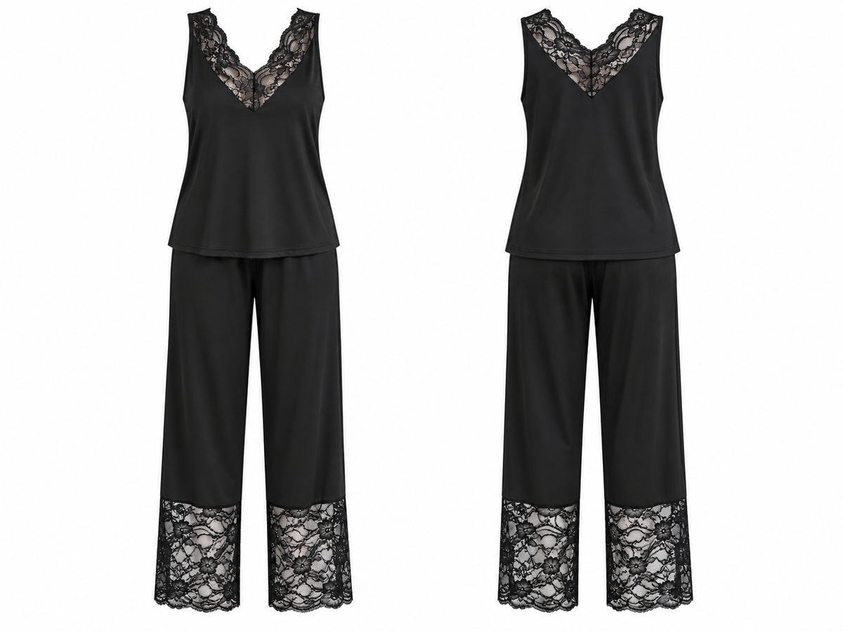 Black Lace V-Neck Pyjama Set