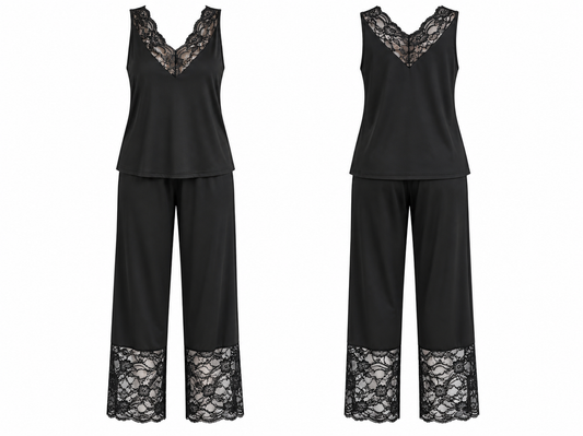 Black Lace-Trim V-Neck Top & Trouser Pyjama Set