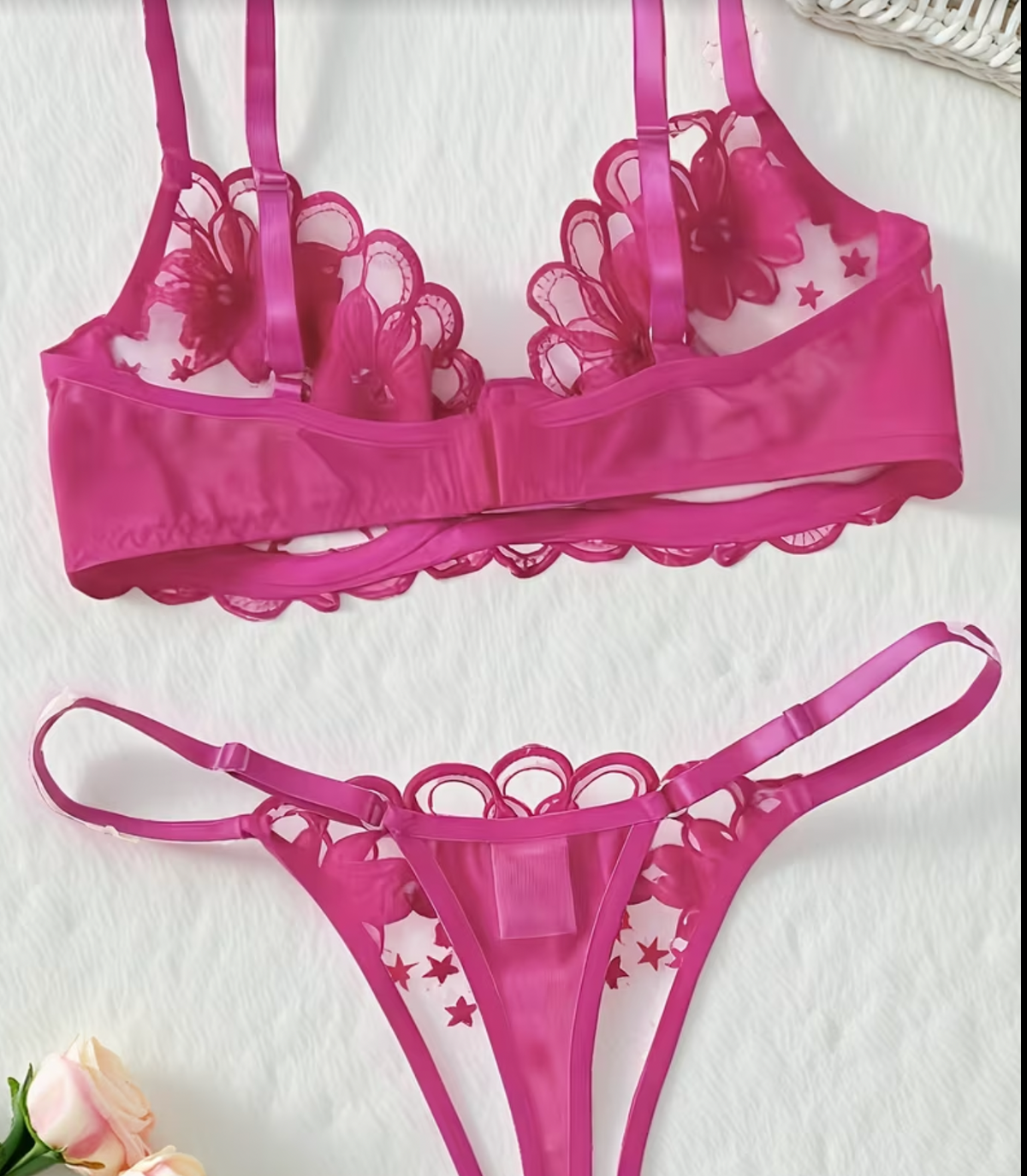 Hot Pink Daisy Embroidered Bra & Thong Set