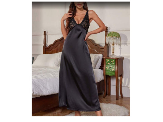 Long Black Satin & Lace Nightdress – Gift Boxed