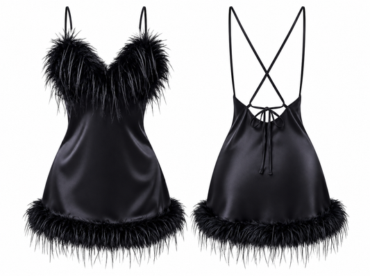 Satin Mini Dress with Black Feather Boa Trim