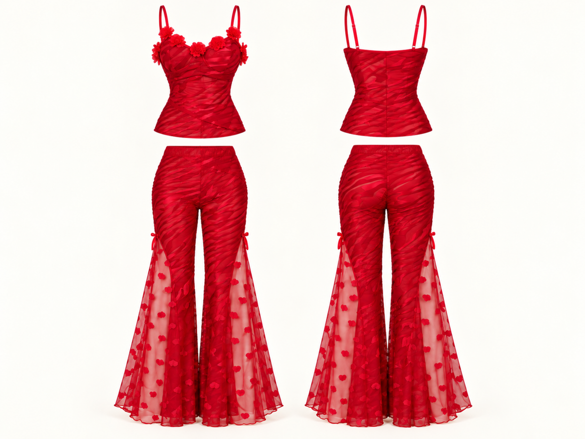 Gift-Boxed Red Pyjama Set with Sheer Flared Bottoms