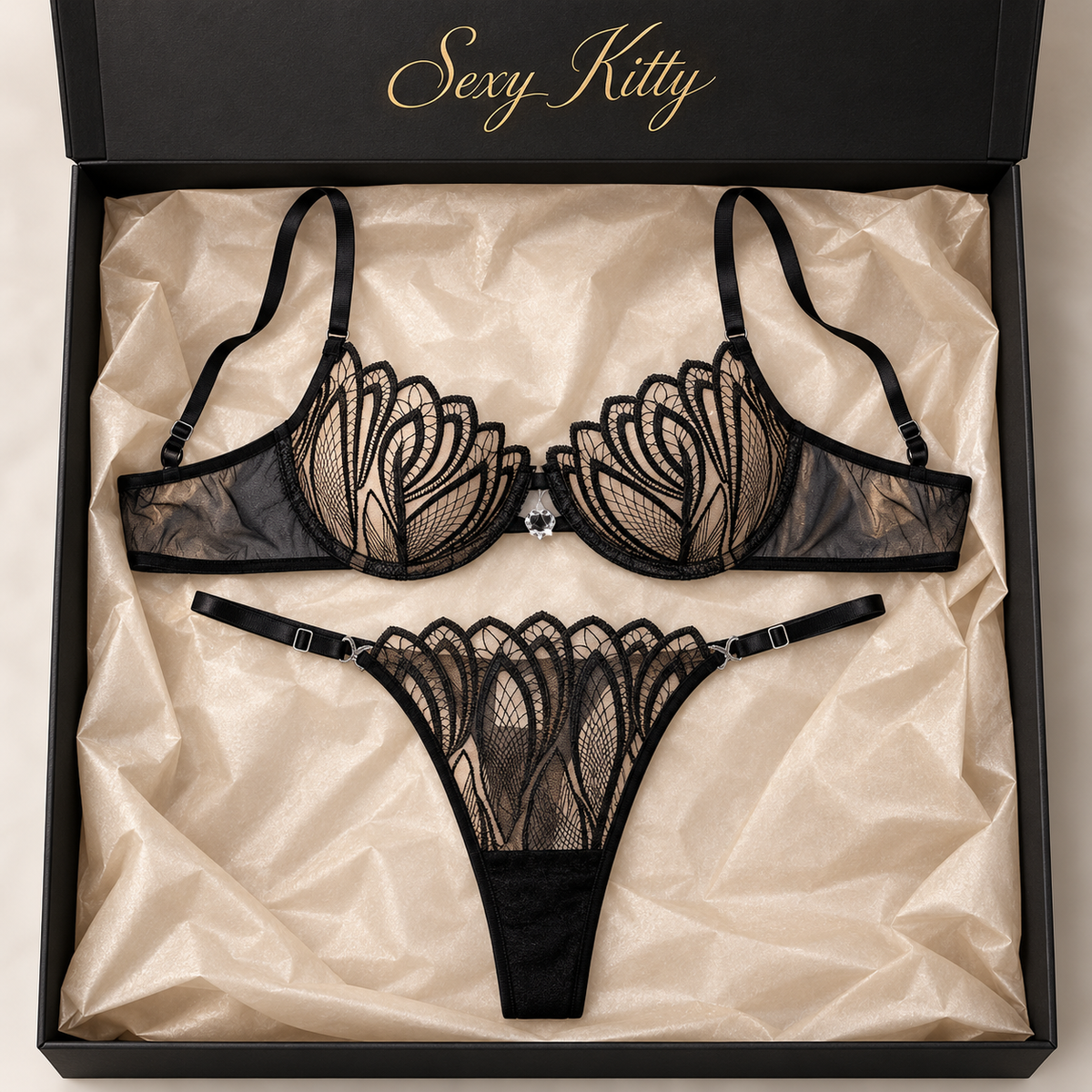 Black Sheer Leaf-Embroidered Lingerie Set