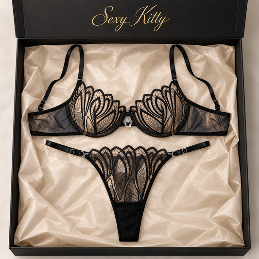 Black Sheer Leaf-Embroidered Lingerie Set