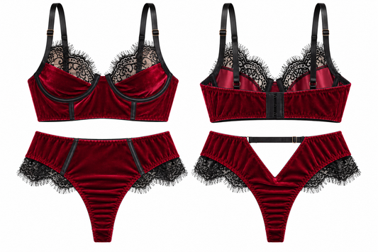 Red Velour & Black Lace Lingerie Set – 38–40D / UK 16
