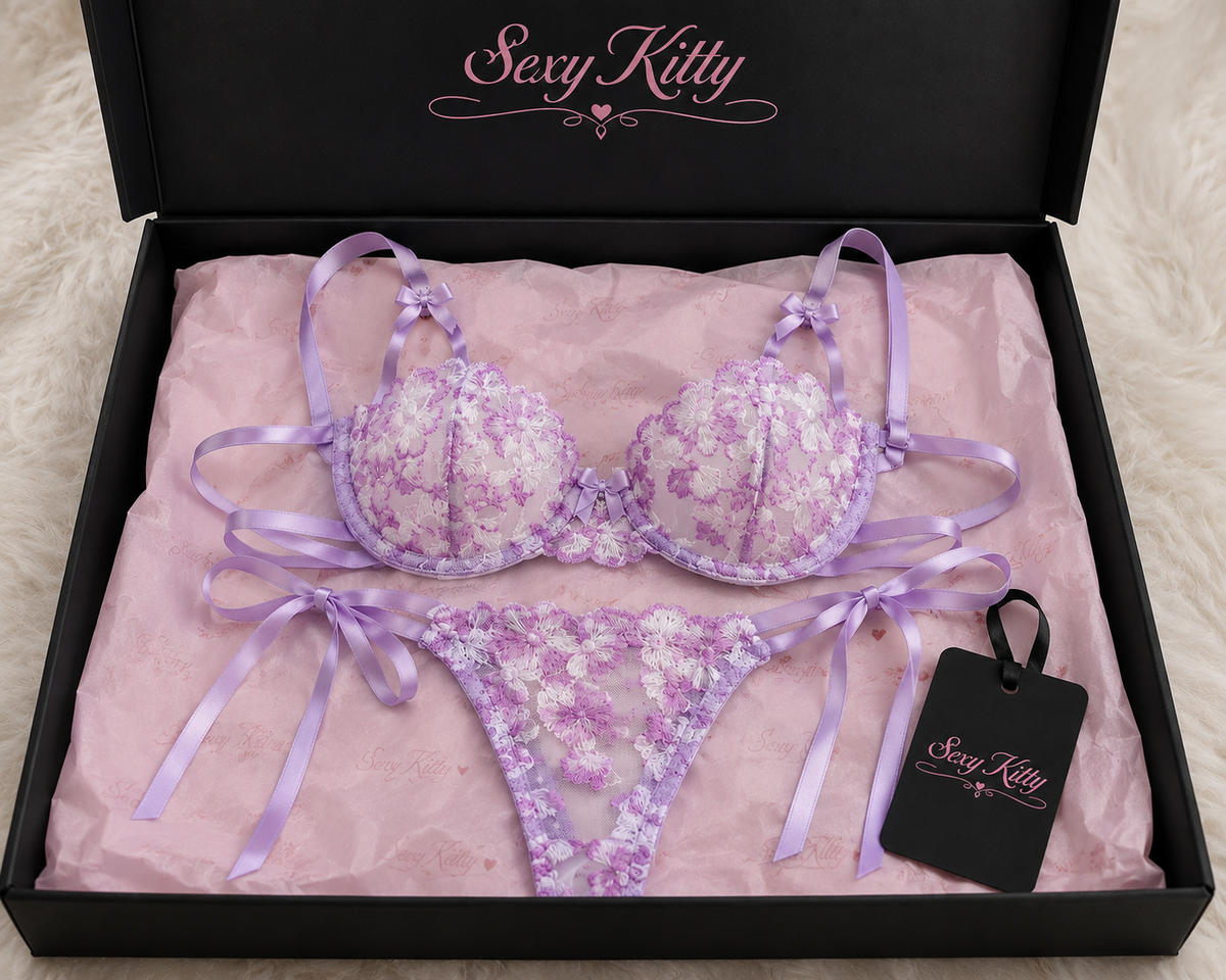 Lilac Floral Lace Bra & Tie-Side Thong Set – 34C / Size 10–12