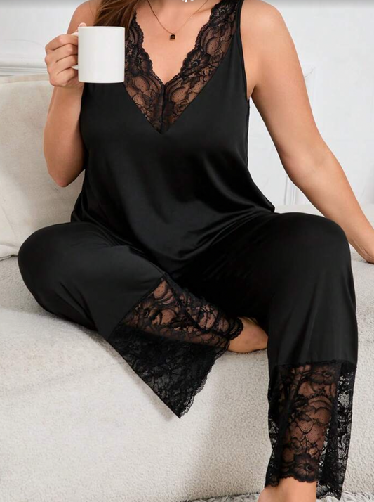 Black Lace-Trim V-Neck Top & Trouser Pyjama Set