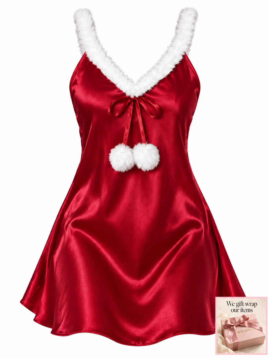 Xmas Red Pom Pom satin chemise sexy Santa