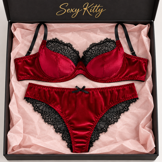 Curve Red Velour & Black Lace Bra and Briefs Set