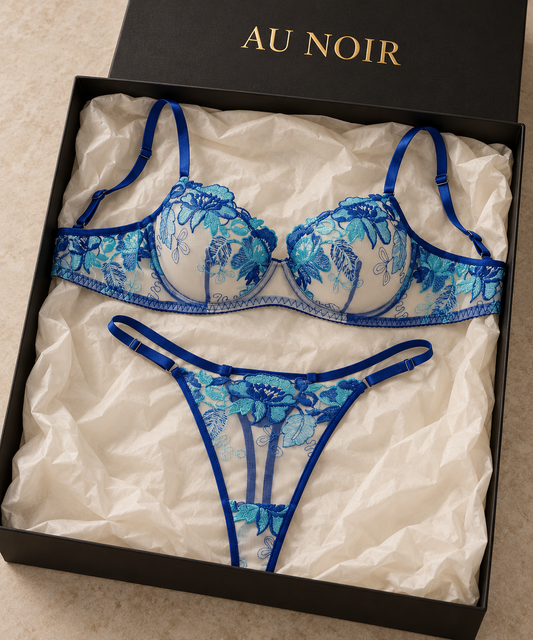 Blue Floral Embroidered Underwired Bra & Thong Set